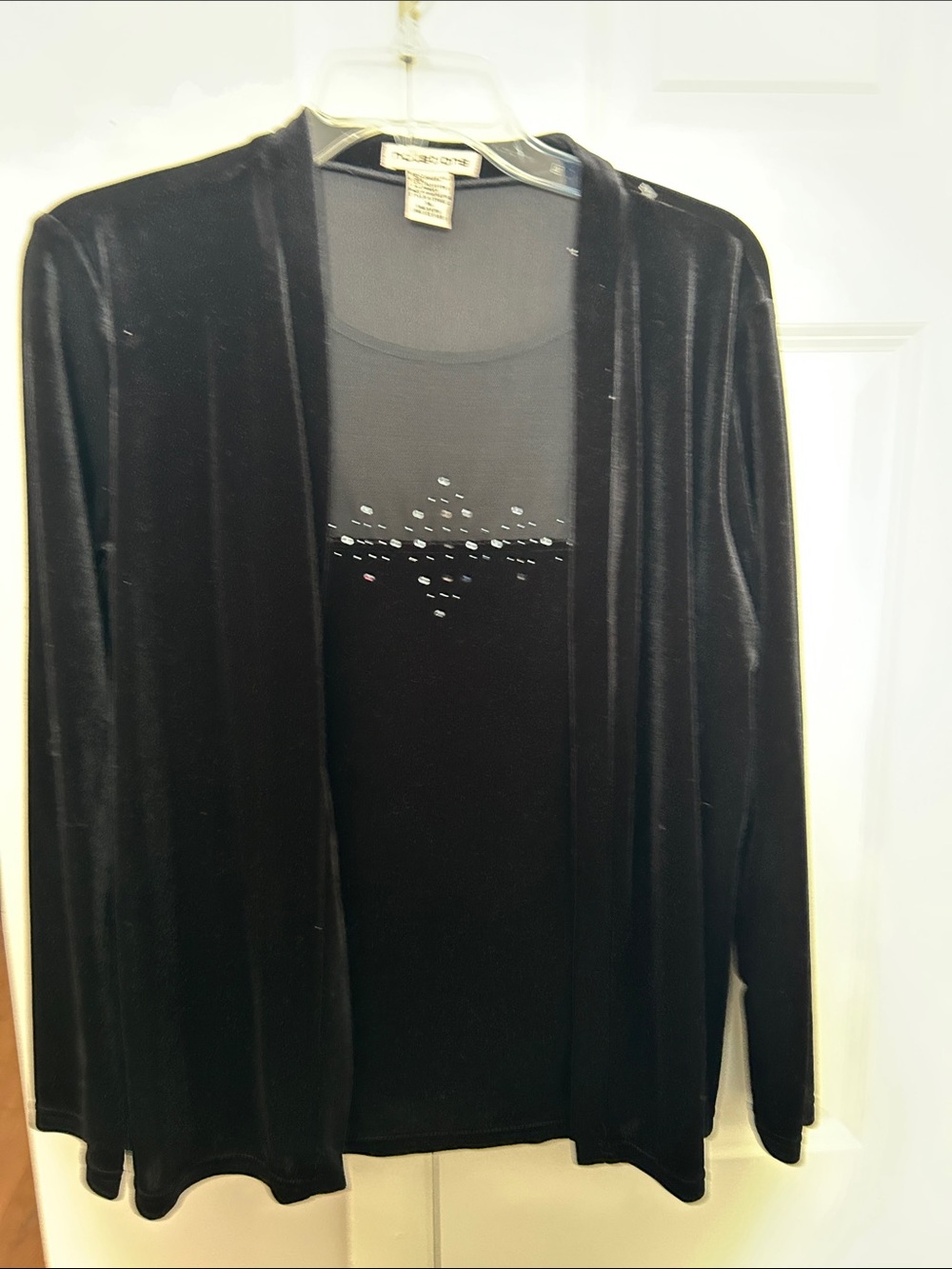 Velvet Open-Front Cardigan with Embellished Tank – Black